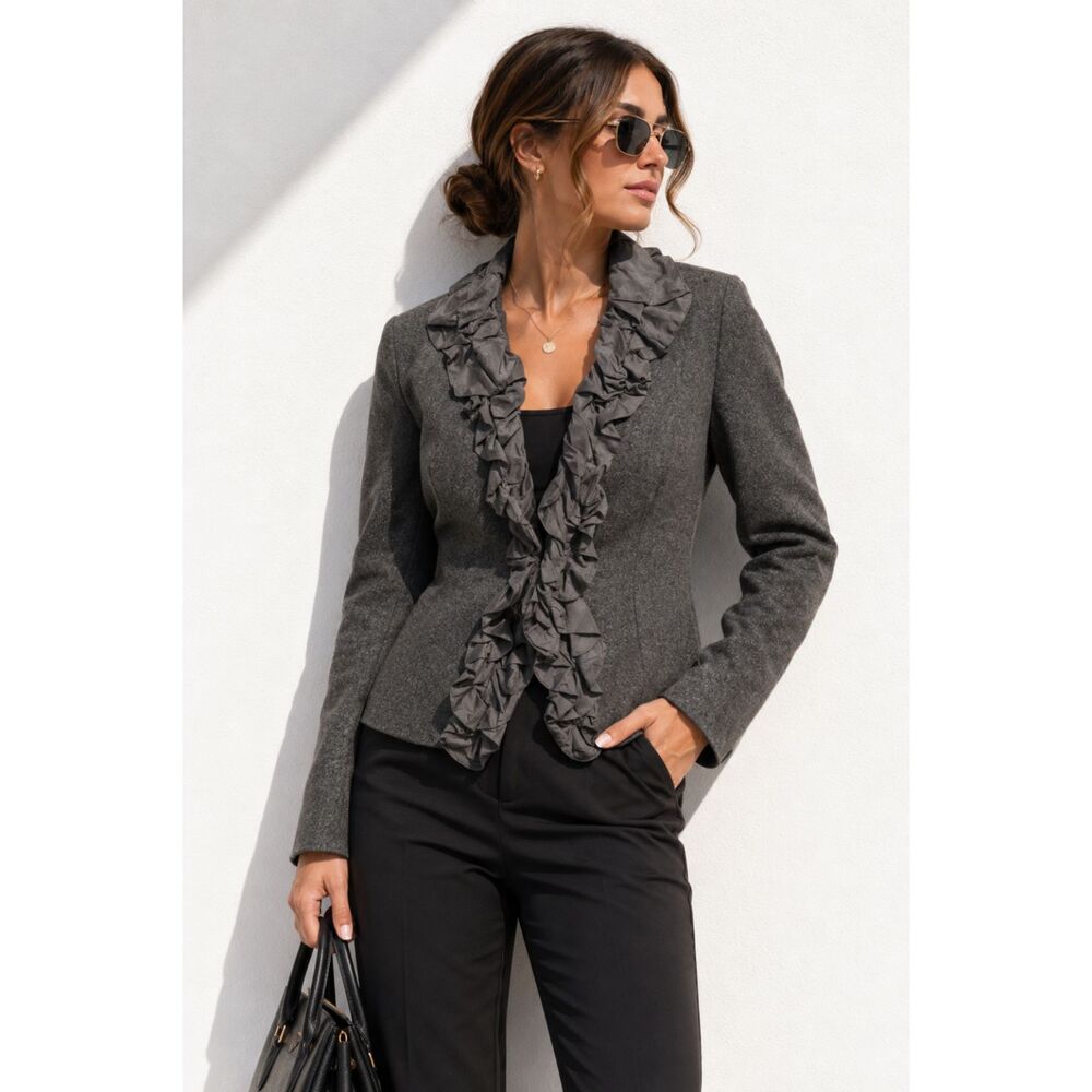 Vintage J.Crew 100% Wool Blazer Women’s 10 Gray Silk Ruffle Jacket